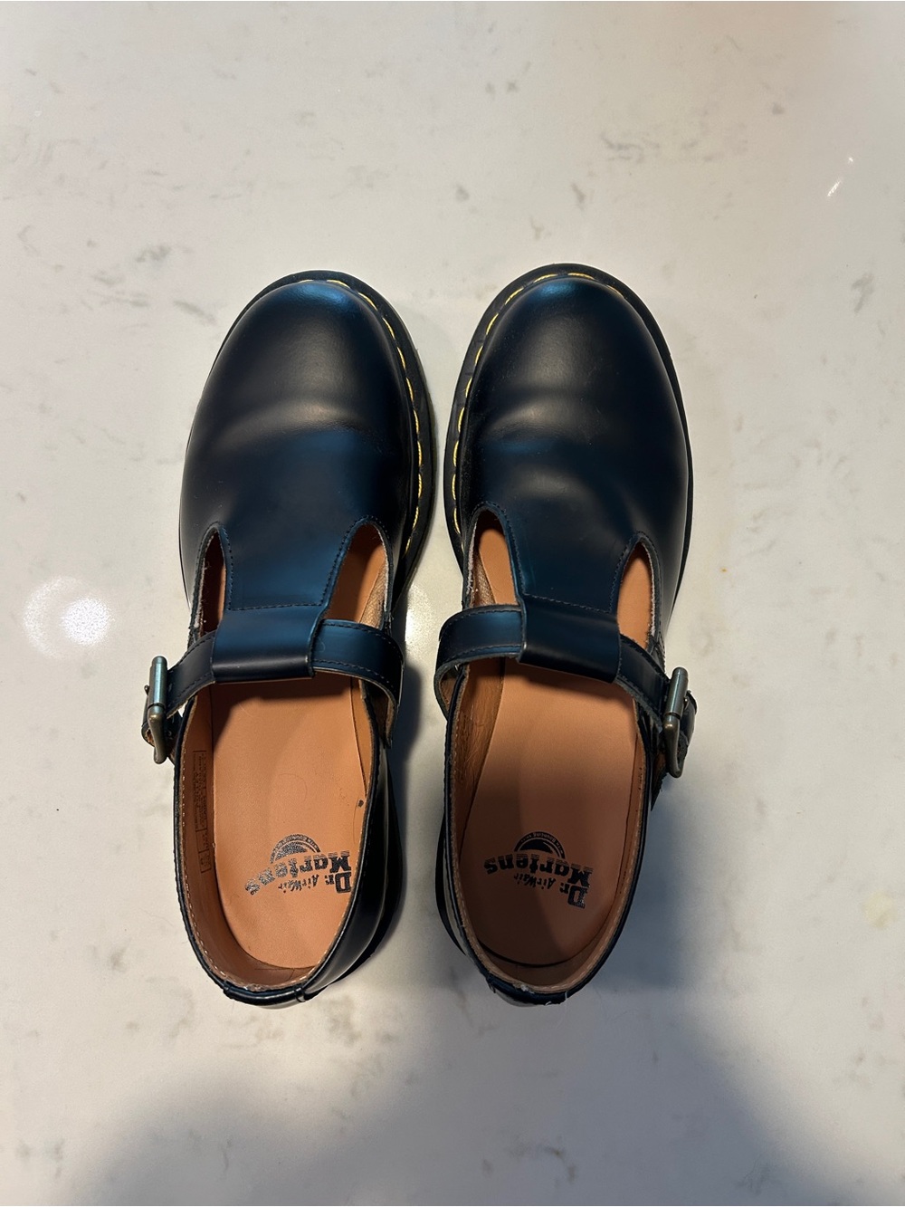 Dr. Martens Black T-Strap Mary Jane Flats with Yellow Stitching US 10 (Like New)